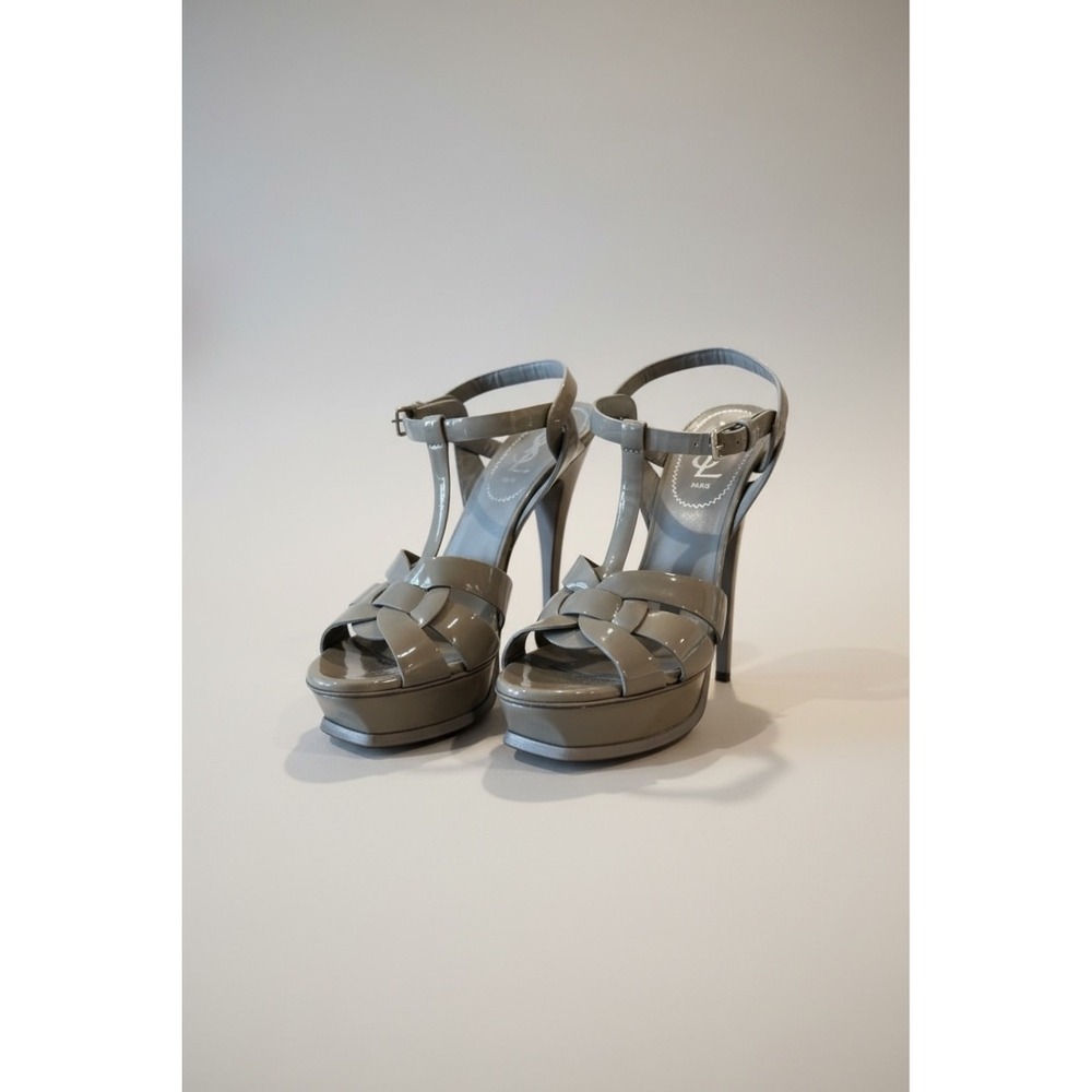 Yves Saint Laurent Tribute Grey Patent Leather Platform Sandals Heels IT 39